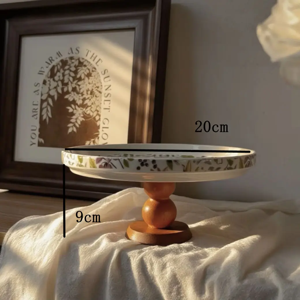 Vintage Floral CeramicCake Stand with Wood Base,Elevated ServingTray for Fruits,Premium HomeDecor Ornament for Entryway&Tabletop