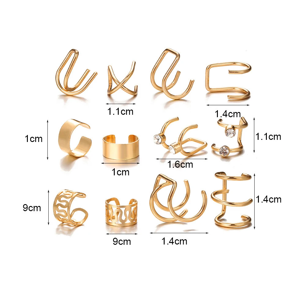 12 шт. Набор клипс для ушей простая C-образная буква проколотые клипсы для ушей для женщин Геометрическая бижутерия подарок золото
