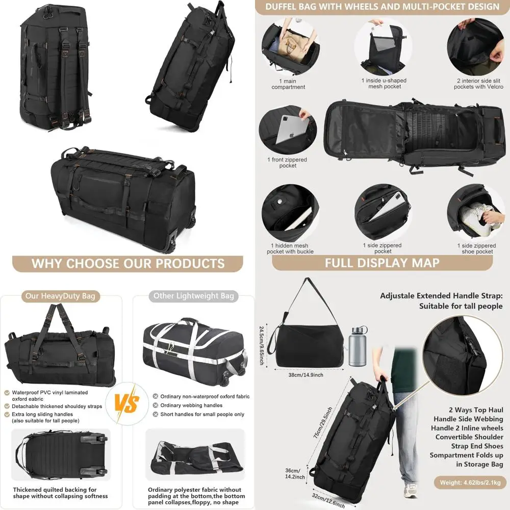 

Carry-On Soft Shell Duffel Bag with Adjustable Handles, 29.5x14.2x12.6in, Foldable Dual Wheel Luggage for Travel