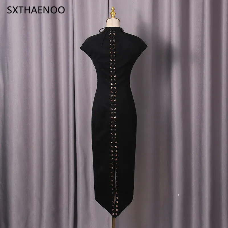 เดรสยาวแฟชั่นทรงสลิมแบบต่อผ้า สายเดี่ยว คอวี แขนสั้น ทรงทูนิค ผ่าข้าง สไตล์วินเทจ สำหรับผู้หญิง