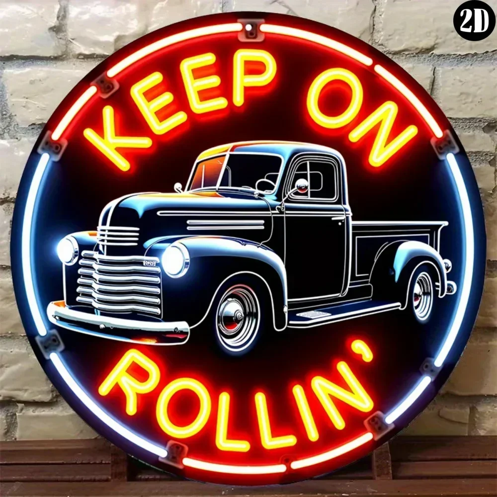限定鉄板装飾画：ヴィンテージネオン風「Keep On Rollin」メタルサイン |   バーやスタジオ向けのレトロなウォールアート