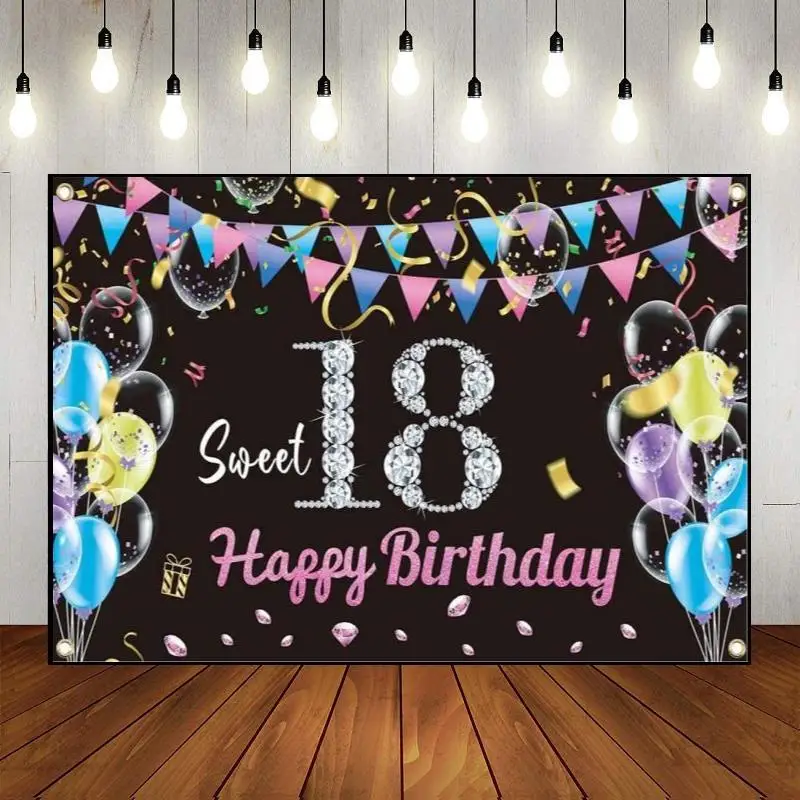 

Custom Photography Backdrop 18 Years Background Photo Boy Girl Banner Party Wall Happy 18th Birthday The Breath of Youth Balloon