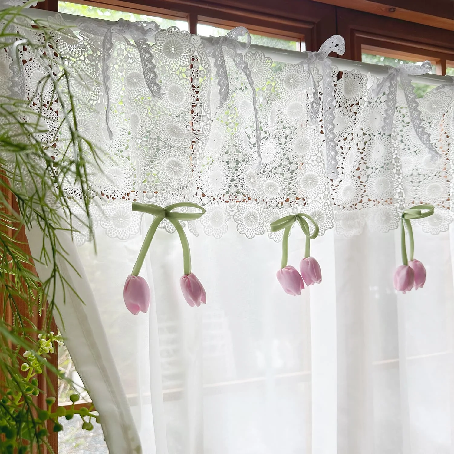French Country Pink Tulip Sheer Curtain Hollow Floral Embroidery Lace Light Filtering Half Window Curtain for Kitchen Oven Bathr