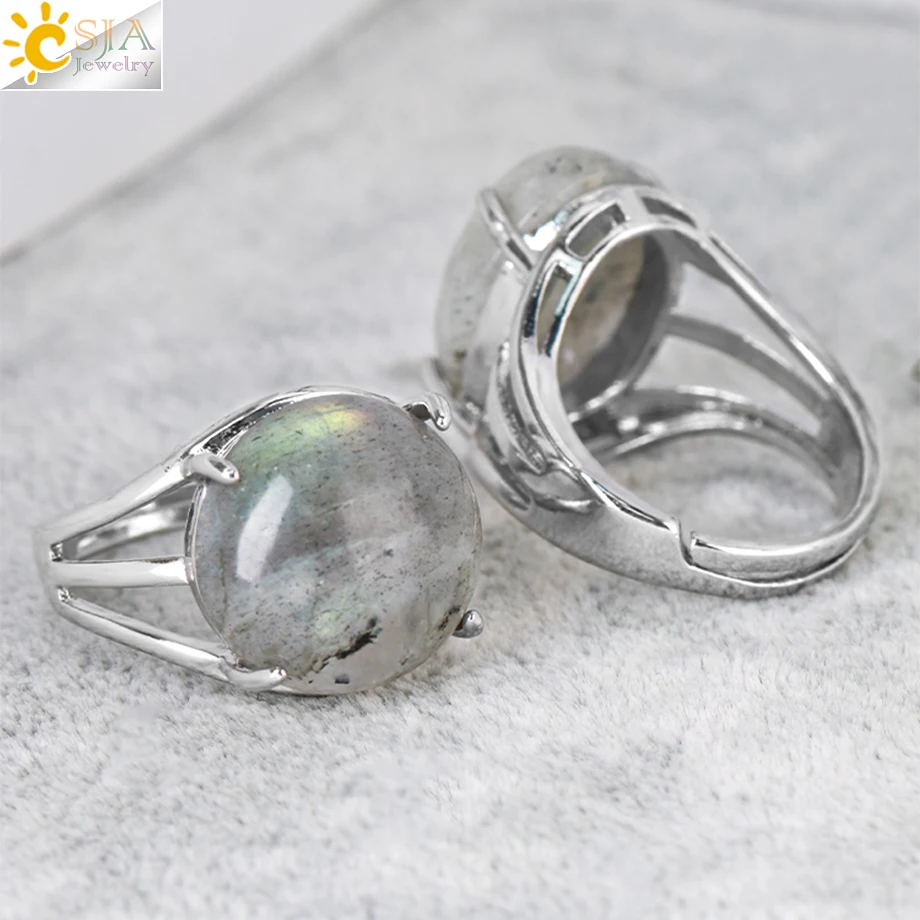 CSJA Natural Stone Ring Women Labradorite Crystal Quartz Ring Water Drop Round Finger Rings Silver Color Adjustable Jewelry G906