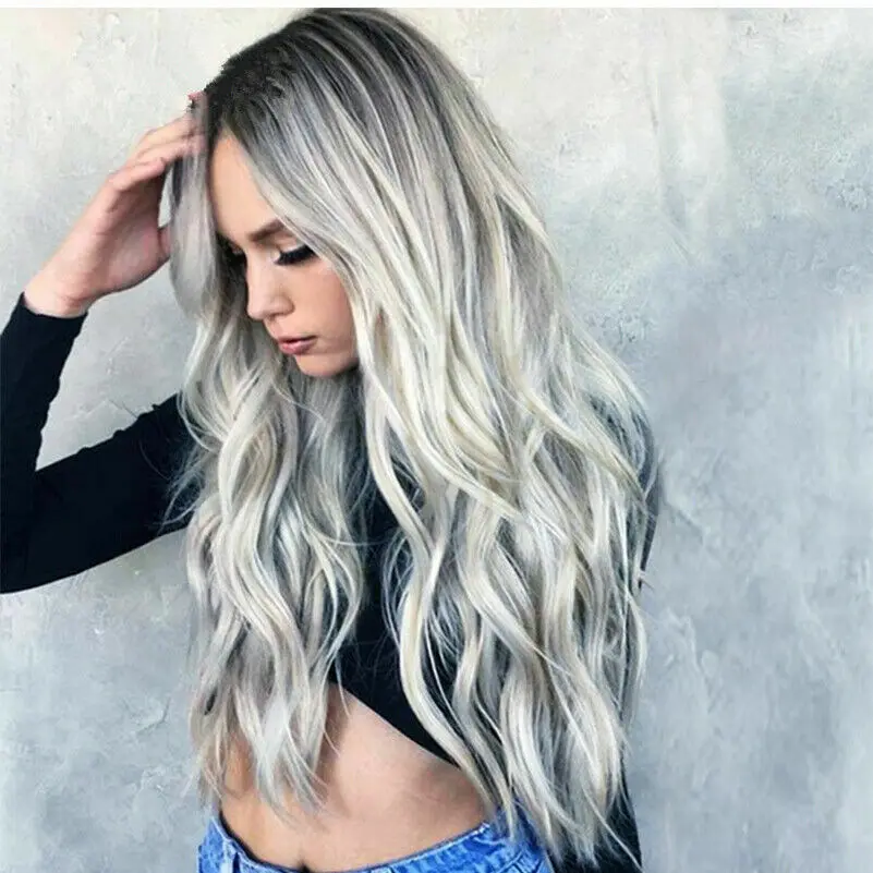 Women Fashion Grey Cosplay Long Curly Wavy Hair Synthetic Hair Wig