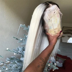 Large Small Size Cap Full Lace Wig Straight Real Human Hair Wigs Natural Black Roots Icy White Blonde Lace Frontal Wig for Women