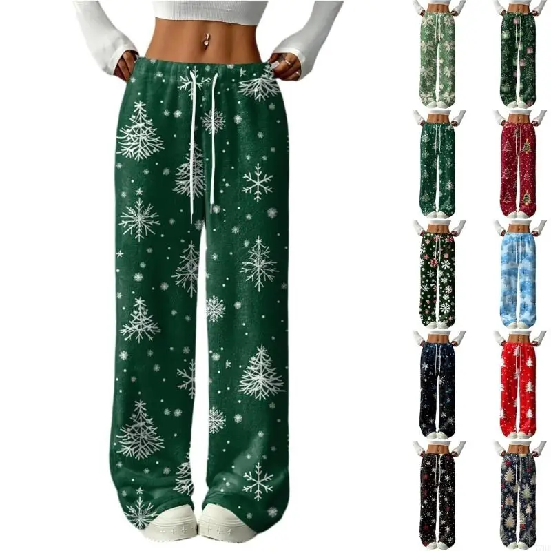 77HE Damen-Weihnachtspyjamahose – Flauschige und weiche Flanell-Weihnachtsbaum-Rentier-Weihnachtsmann-Pyjamahose