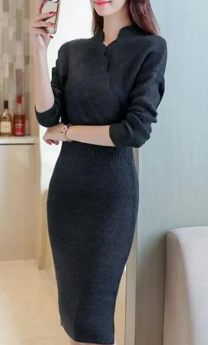 Autumn Winter Temperament V-neck Solid Color  Sweater Dress Women New Simple Dignified Waist Slit Hem Grace Chic Vestidos E719