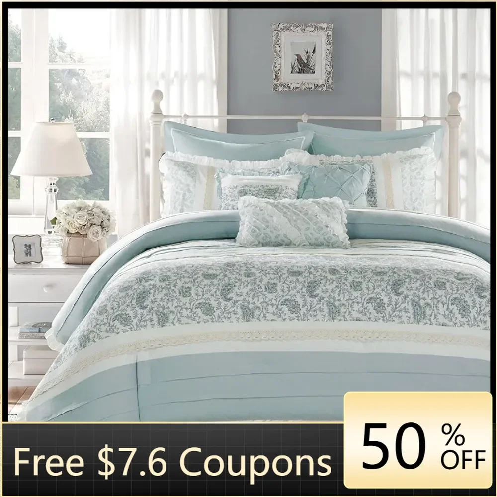 100% Cotton Comforter Set-Modern Cottage Design All Season Down Alternative Bedding Bed Linen Set Blue 9 Piece Freight free