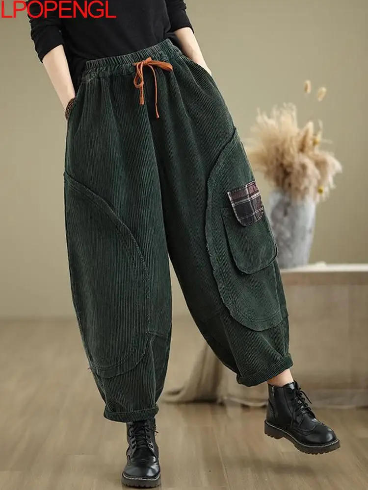 New Retro Corduroy Harem Pants Women\'s Autumn And Winter New Loose Versatile Stitching Velvet Thickened Streetwear Trousers Tide