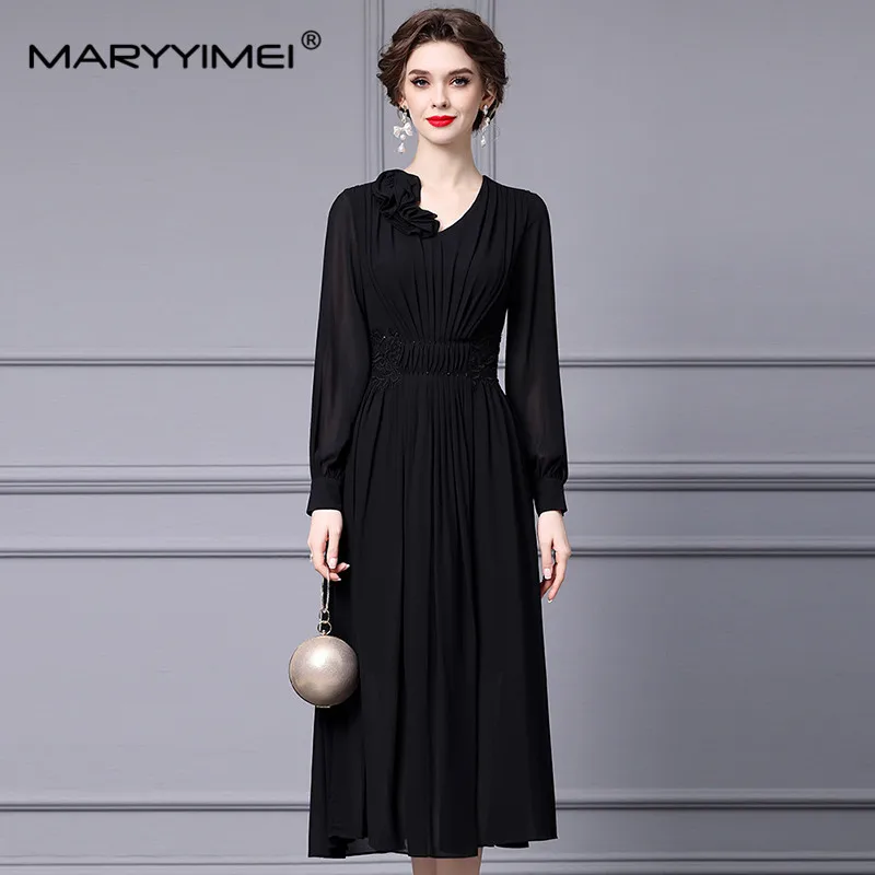 MARYYIMEI New Fashion Runway Designer Women\'s Black V-Neck Long Sleeve Elegant Three-Dimensional Floral Pleated Vintage Dress