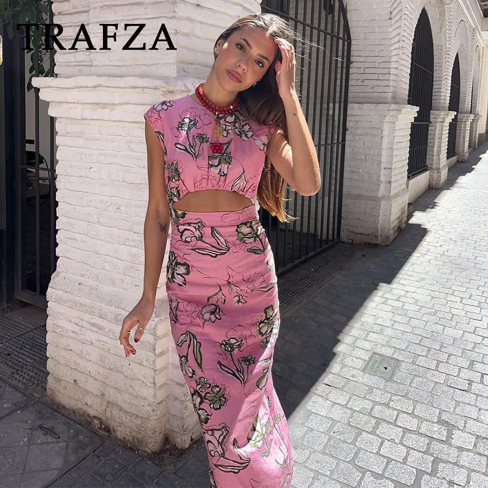 TRAFZA 2024 Spring Summer Sexy Women Print Flower Dresses Fashion Elegant O Neck Slim Hollow Out Pencil Dresses Chic Party Dress