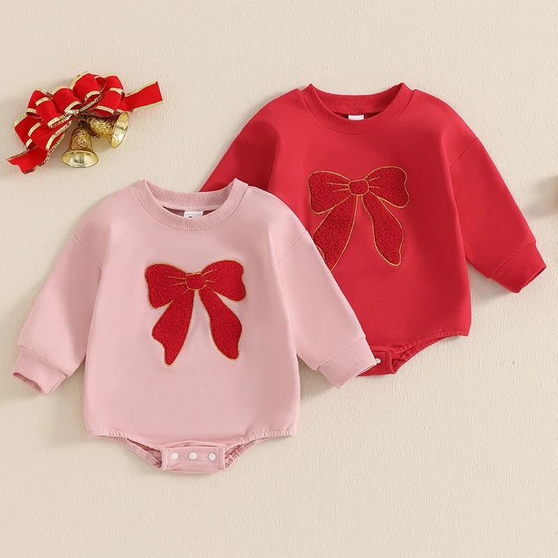 

2024-09-06 Lioraitiin 0-18M Baby Girl Fall Sweatshirt Romper Bow Embroidery Long Sleeve Crew Neck Bubble Jumpsuit
