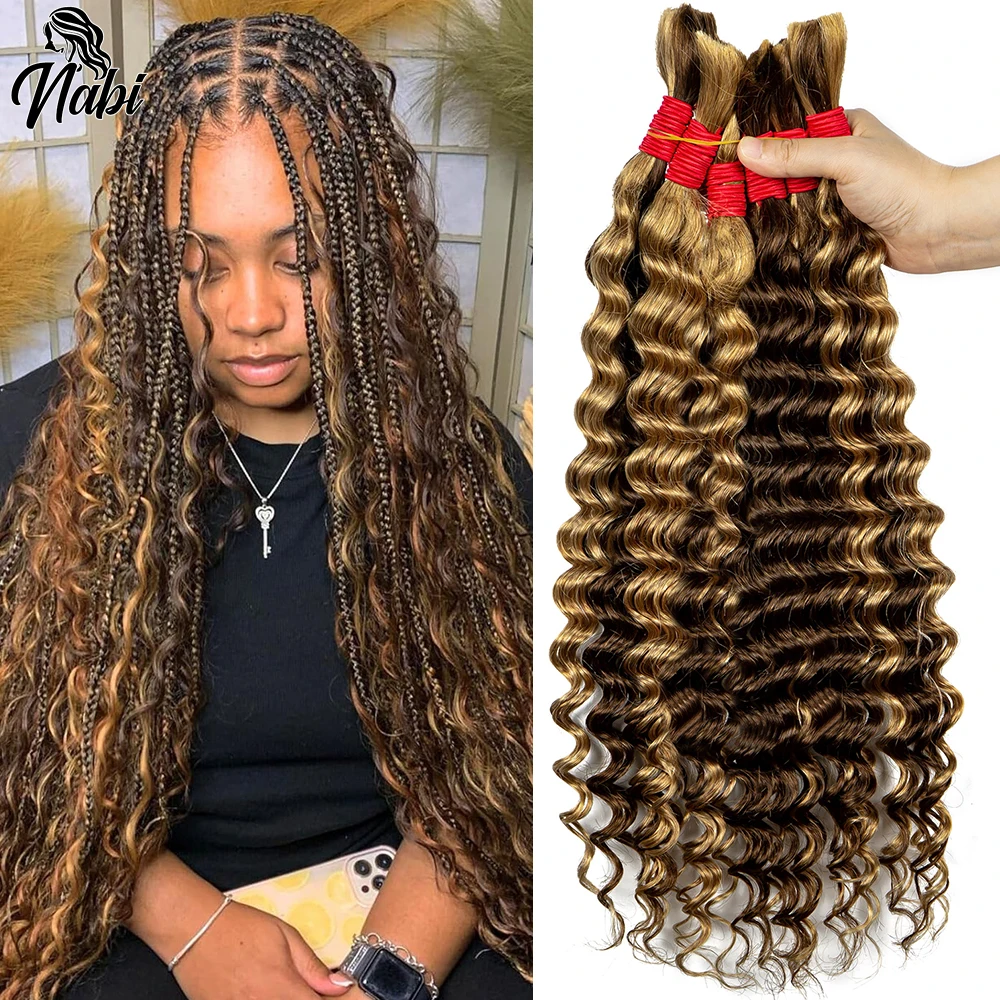 Nabi Boho Braid Human Hair Bulk Deep Wave Honey Blonde# 4/27#Hair Bundles Extentions No Weft Bulk Hair Bundles for Black Women