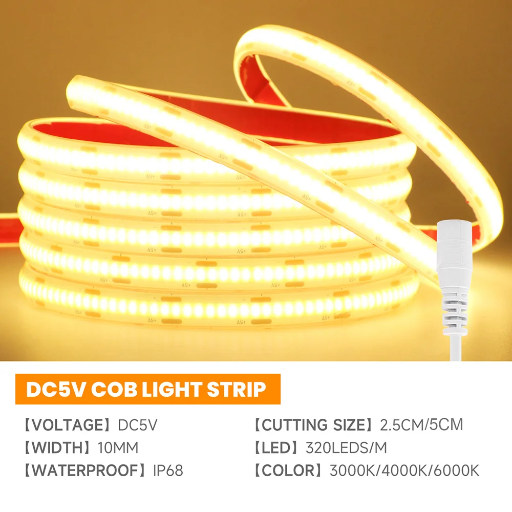 5V 12V 24V COB LED USB Light Strip IP68 Wodoodporna silikonowa rurka Lampa Elastyczna taśma klejąca RA90 Oświetlenie liniowe 3000K 4000K 6000K