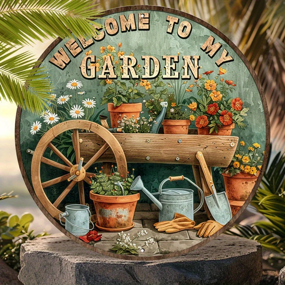 Nostalgic Vintage Welcome to My Garden Round Aluminum Sign WeatherResistant for Indoor & Outdoor Decor with PreDrilled Holes