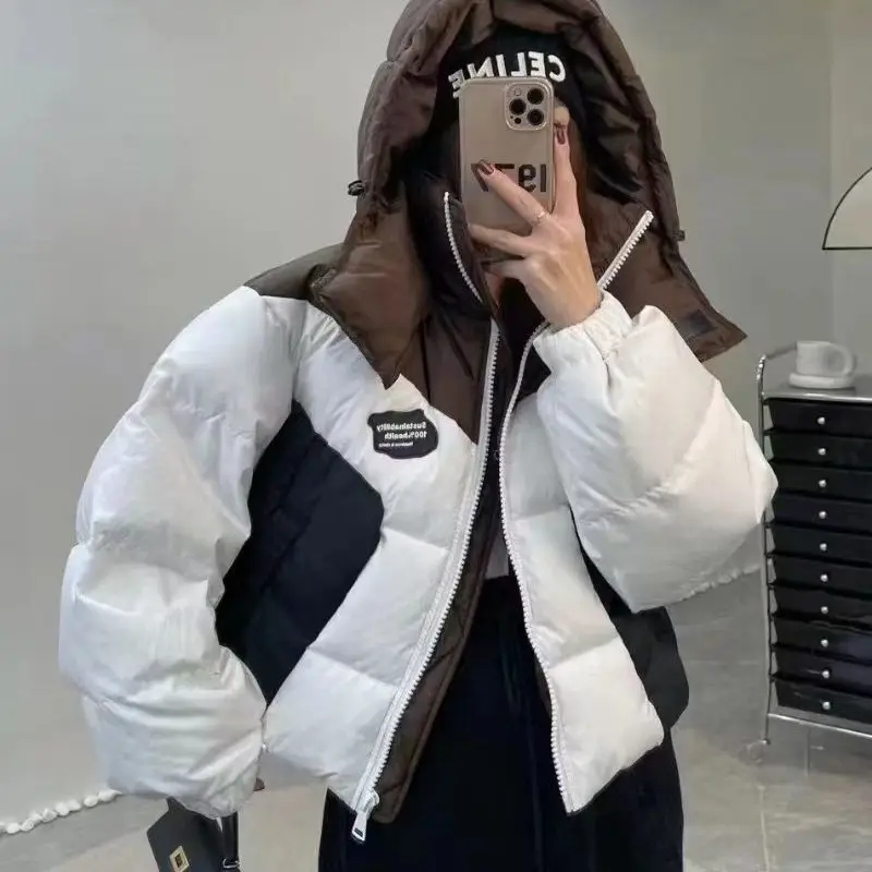 Fashion Patchwork Hooded Zipper Down Jacket Loose Office Lady White Duck Down Jacket 2023 Winter Women's Warm Casual Down Jacket