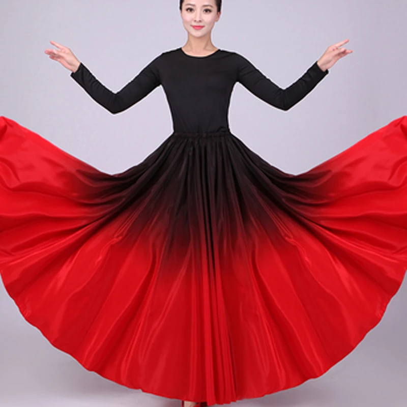 Mulheres Gradiente Cor Bally Trajes de Dança, Equipe Performance de Palco, Balanço Grande Cetim Seda, Cigana Saia Espanhola de Flamenco, Adulto