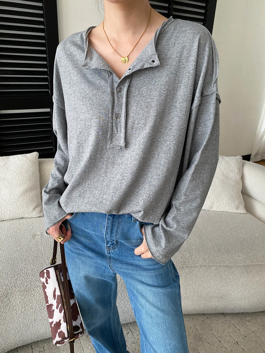 Autumn women's solid color split splicing casual round neck long sleeved T-shirt
