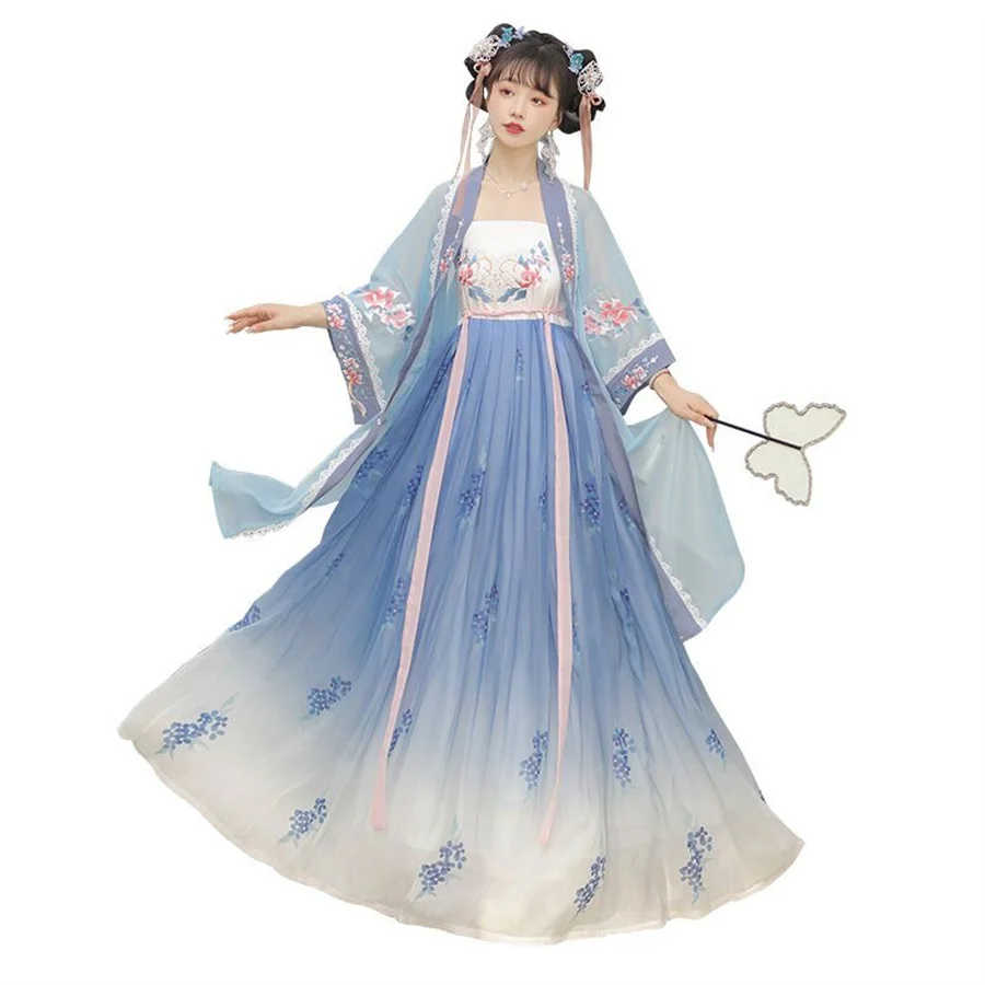 Vestido tradicional chinês hanfu para mulheres, vestido azul gradiente, traje vintage hanfu cosplay, vestido de festa de aniversário plus size