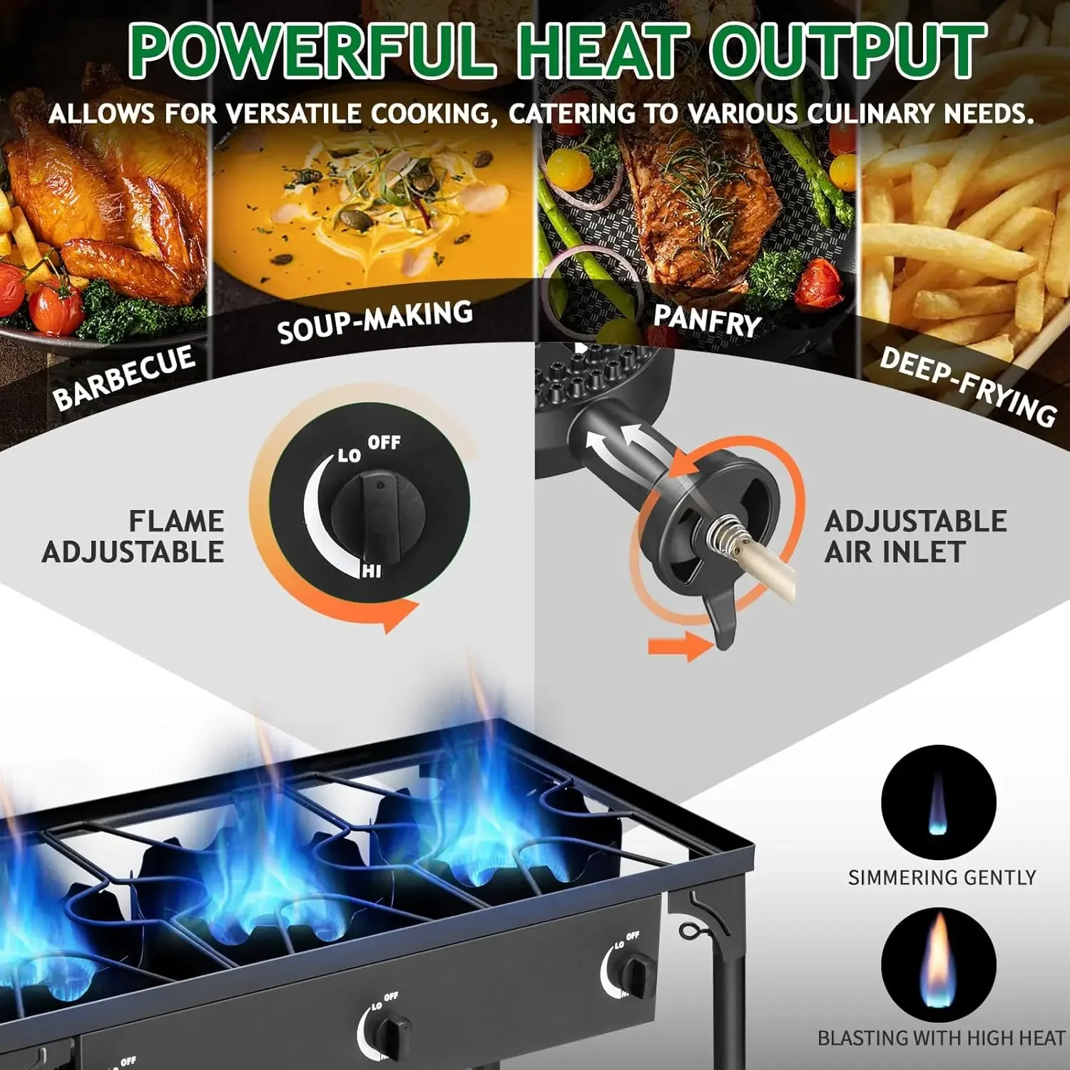 Estufa de gas propano de 3 quemadores para cocinar al aire libre, cocina de camping de 225.000 BTU con patas extraíbles, perillas de control de temperatura
