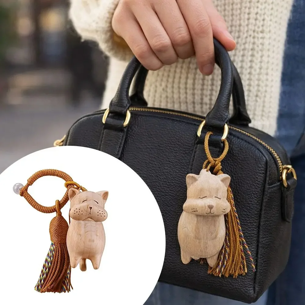 Retro Tassel Handcrafted Wooden Cat Pendant Bags Decoration Money Catching Cat Cat Keychain Wooden Material Bag Pendant