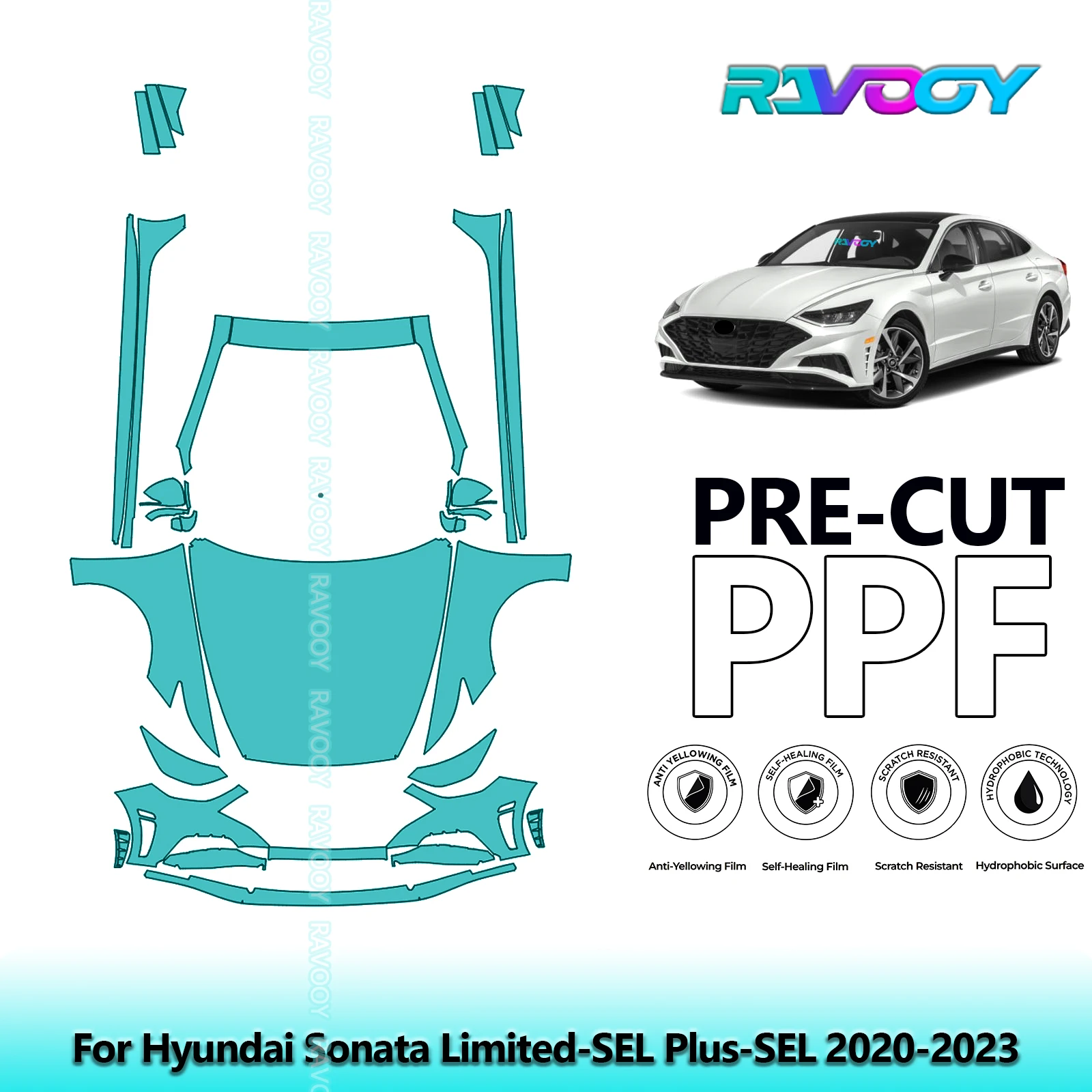 

8.5Mil Precut Paint Protection Film PPF Clear Bra Front Kit+Rockers For Hyundai Sonata Limited-SEL Plus-SEL 2020-2023