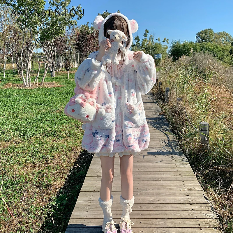 

Autumn Winter New Sweet Cute Girl Bowknot Faux Rabbit Fur Coat Loose Casual Warm Fleece-Lined White Hooded Jacket