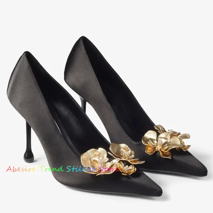 

Golden Flower Water Diamond Single Shoes Women's Pointed New Black Silk Slim Heels Elegent High Heel Pumps Shallow Banquet Shoes