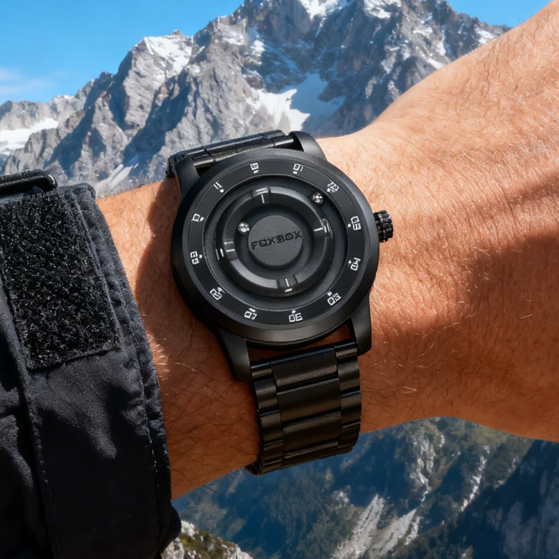 Foxbox relógios masculinos personalizados, criativo, simples, flutuante, ponteiro magnético, relógio de pulso de quartzo, aço, à prova d'água