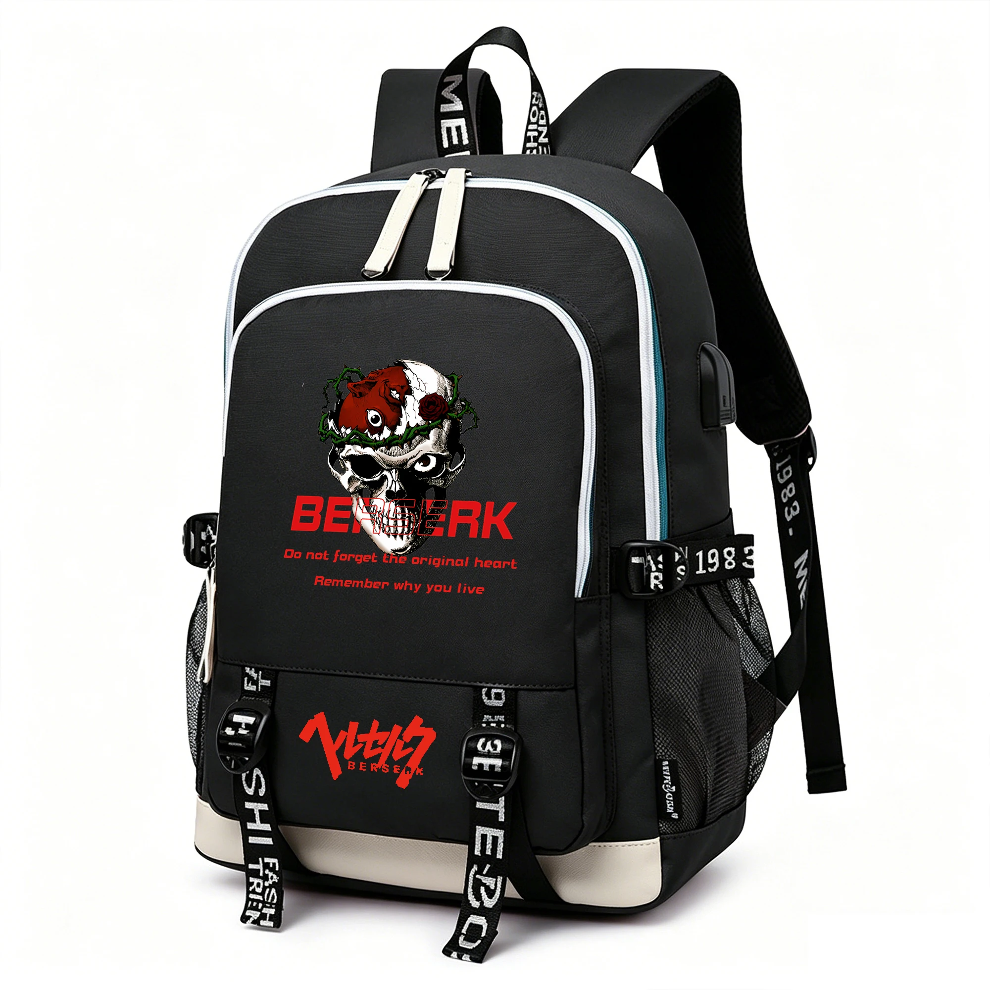 Anime Berserk Students Oxford Shcool Bookbag Men Cartoon Travel Backpack USB Charging Laptop Bagpack Boys Black Casual Daypack