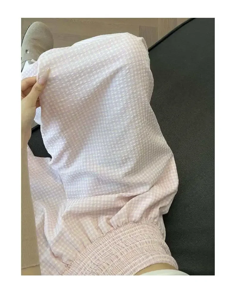 2026 Herbst Koreanischer Stil Rosa Karierte Damen-Weitbein-Hose Hohe Taille Locker Sitzend Figur-Schmeichelnd Eisseiden-Haremshose – Detail 9