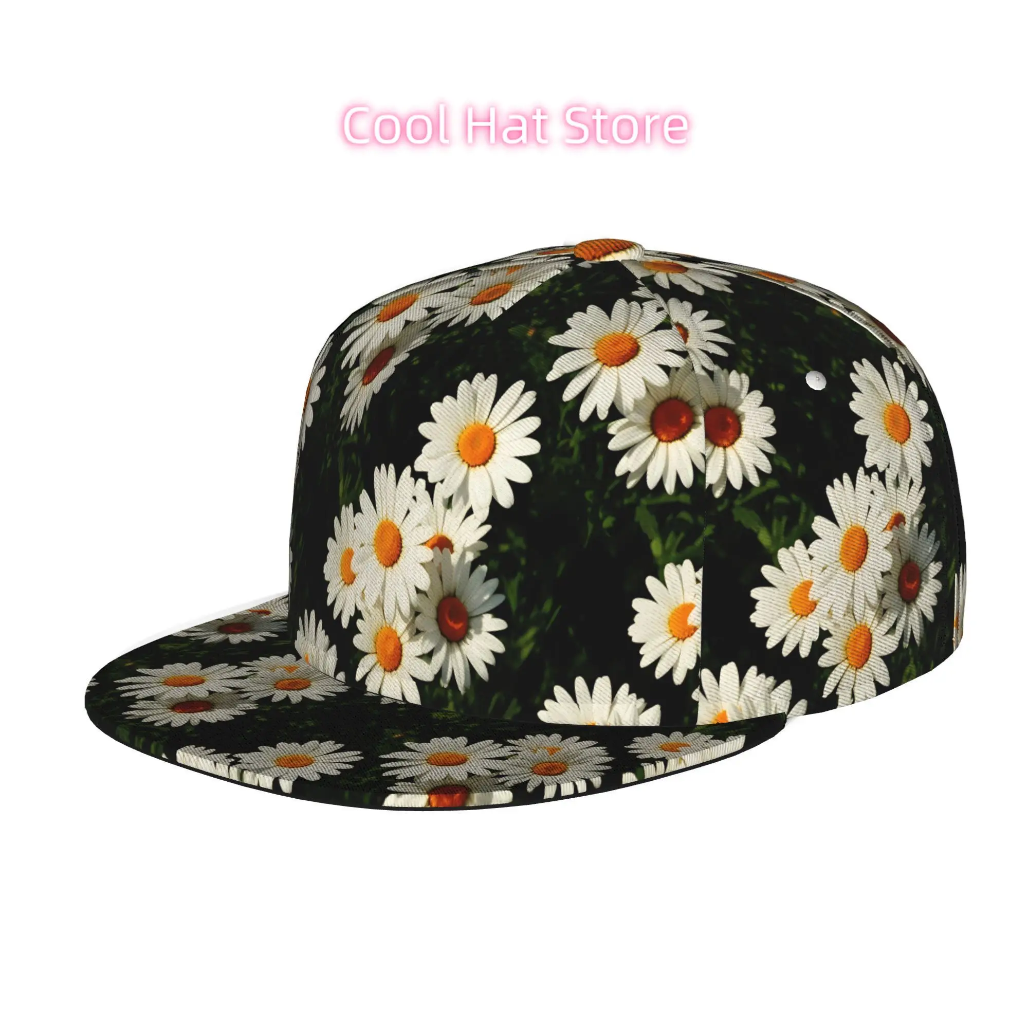 Flat Brim Baseball Cap Featuring Daisies, Suitable for Men, Women, And Unisex. This Hip Hop Streetwear Snapback Trucker Hat Is P