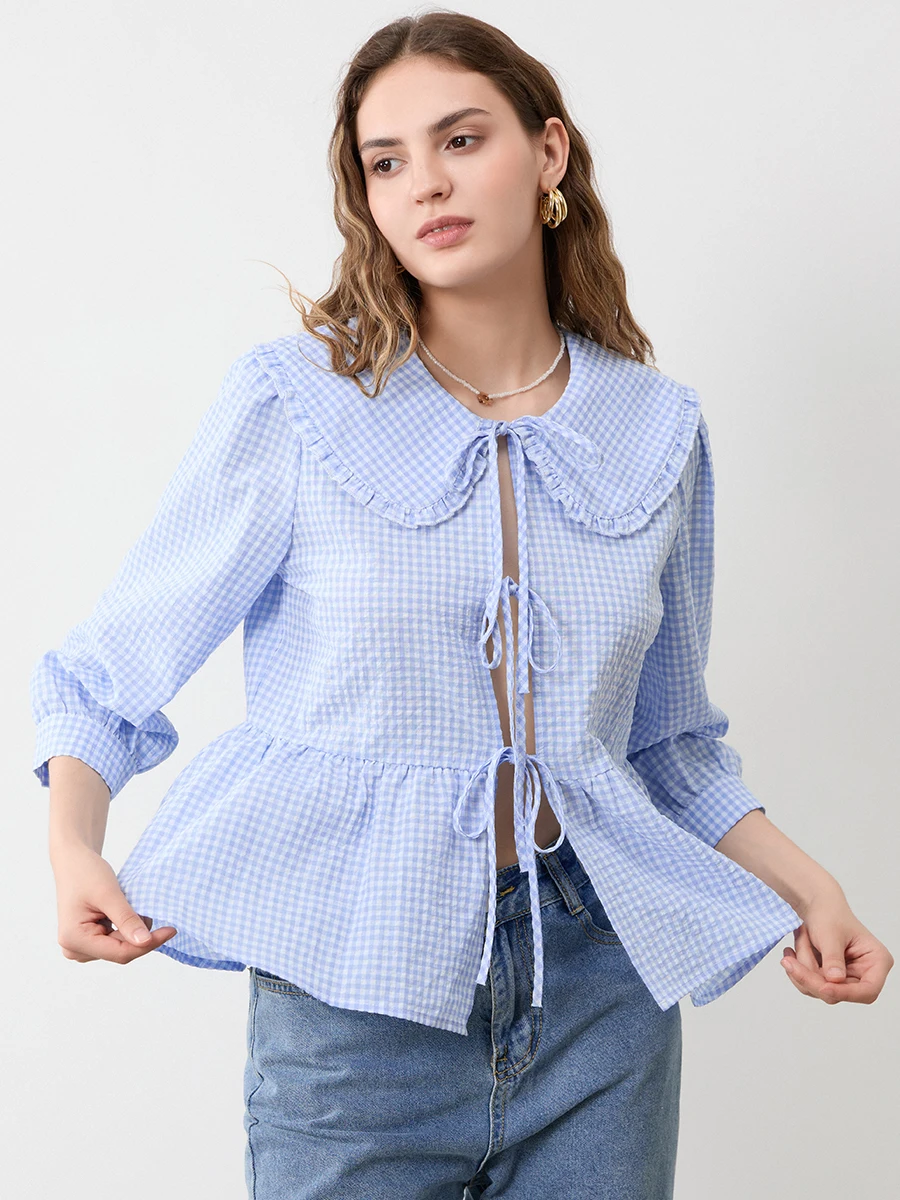 Latest Women'S Plaid/Solid Color Printed Shirt With Ruffled Doll Collar Bow Tie 3/4 Sleeve Loose Floral Top Shirt