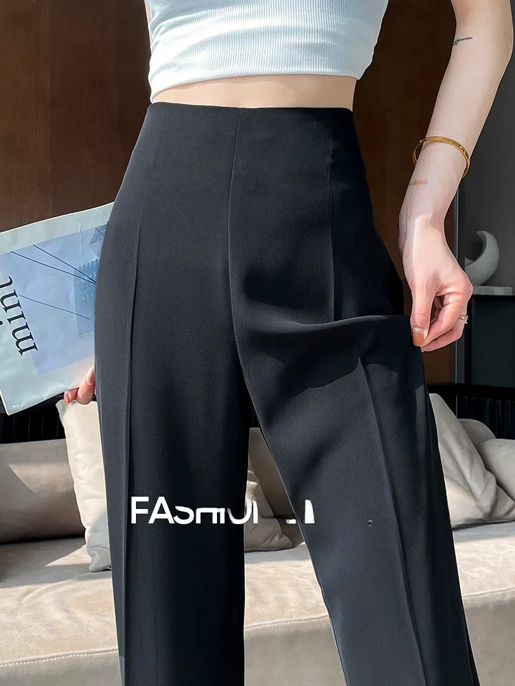 กางเกงสูทขาบานผ้าไหมน้ำแข็งสีกากีผู้หญิงเอวสูงบางขากว้างลำลองกางเกงยาวพื้นตรงตัดแฟชั่นฤดูร้อน