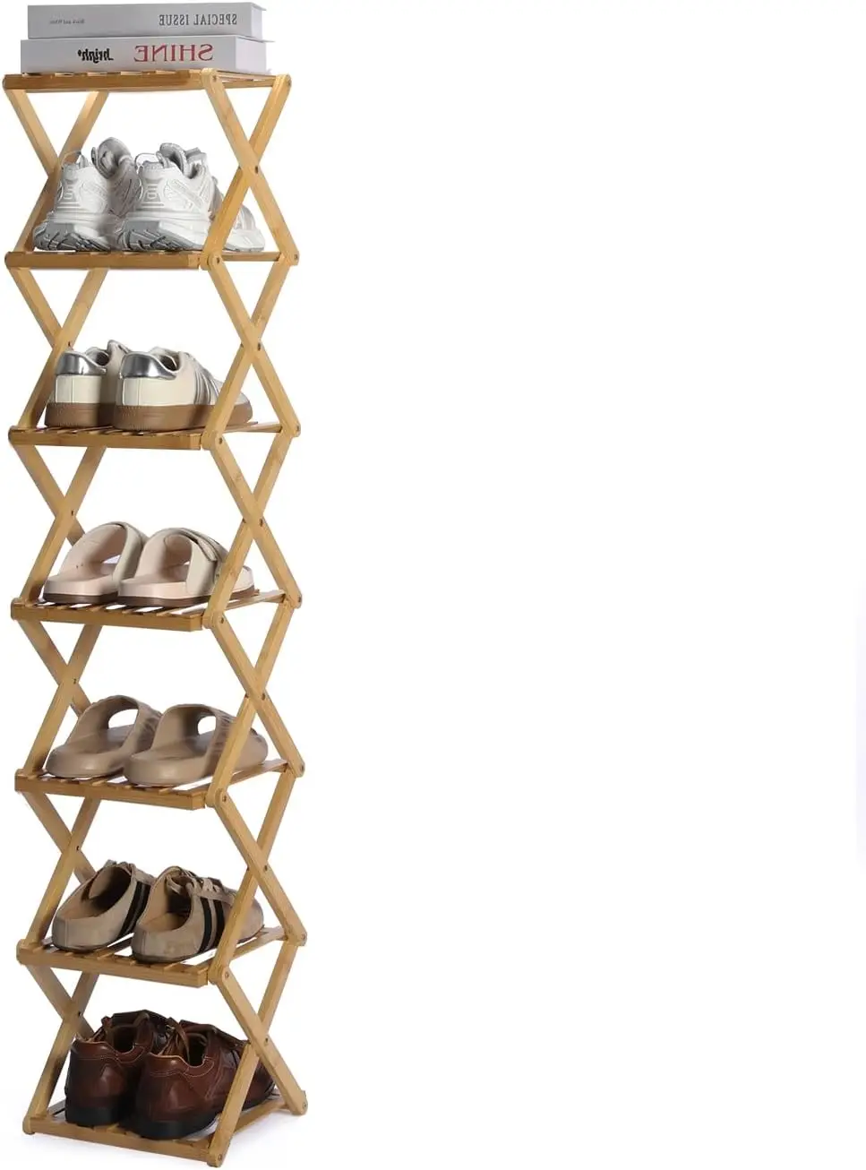 

Foldable Bamboo Shoe Rack - 7-Tier Space-Saving Organizer for Entryway, Closet, Kitchen