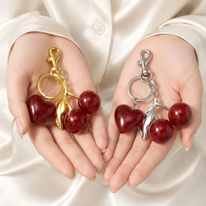 Cute Red Heart Cherry Keychain Shiny Resin Cherry Heart Pendant Key Ring Bag Charm Women Fashion Handbag Accessory Gift