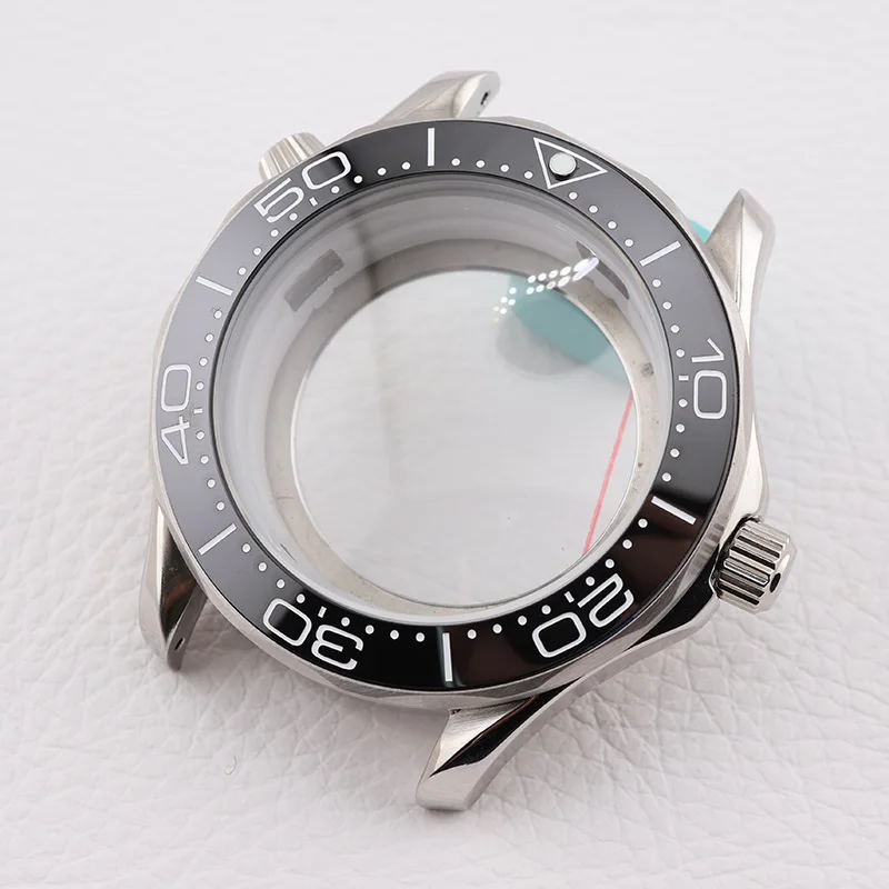 

42mm Black Seamaster 300 NH35 Case Mineral Glass Mens Divers Watch Cases for Seiko Mod Automatic Mechanical Luxury Watch Part