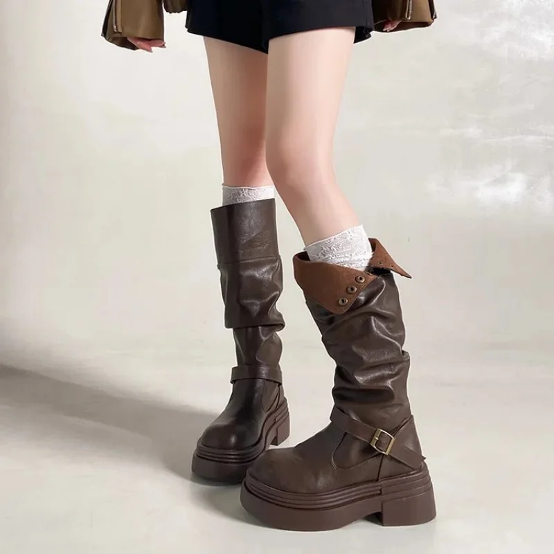 Women's High Knee Boots, Chunky Platform Stacked Rider Boots, Spring/Autumn Two-Way Edgy Fold-Over Cuff Fashion Design
