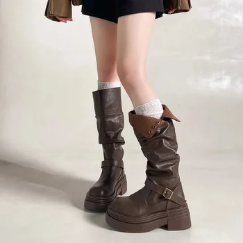 Women's High Knee Boots, Chunky Platform Stacked Rider Boots, Spring/Autumn Two-Way Edgy…