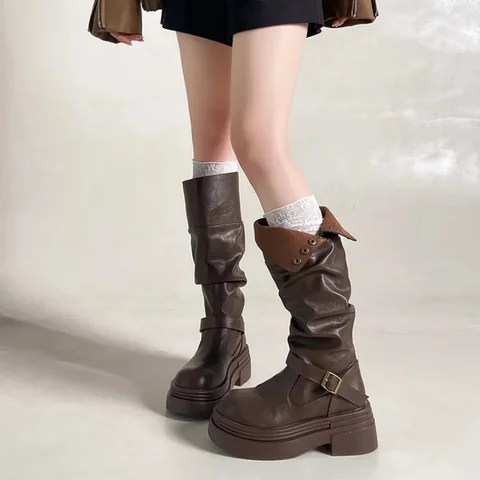 Women's High Knee Boots, Chunky Platform Stacked Rider Boots, Spring/Autumn Two-Way Edgy Fold-Over Cuff Fashion Design