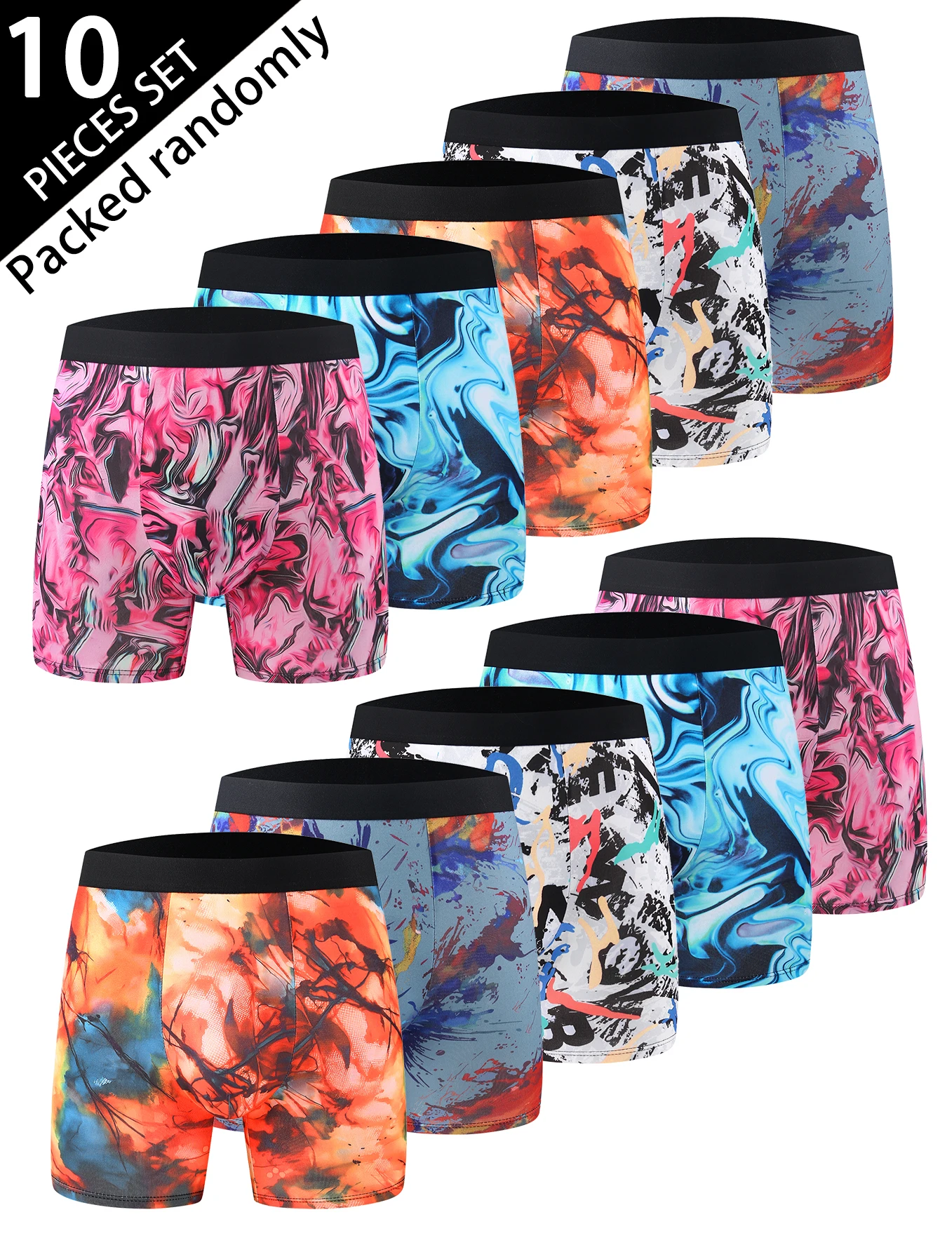 

Набор из 10 мужских трусов-боксеров с эффектом тай-дай, разноцветные, с выцветшей текстурой, уникальные, привлекательные, удобные, комфортное нижнее белье