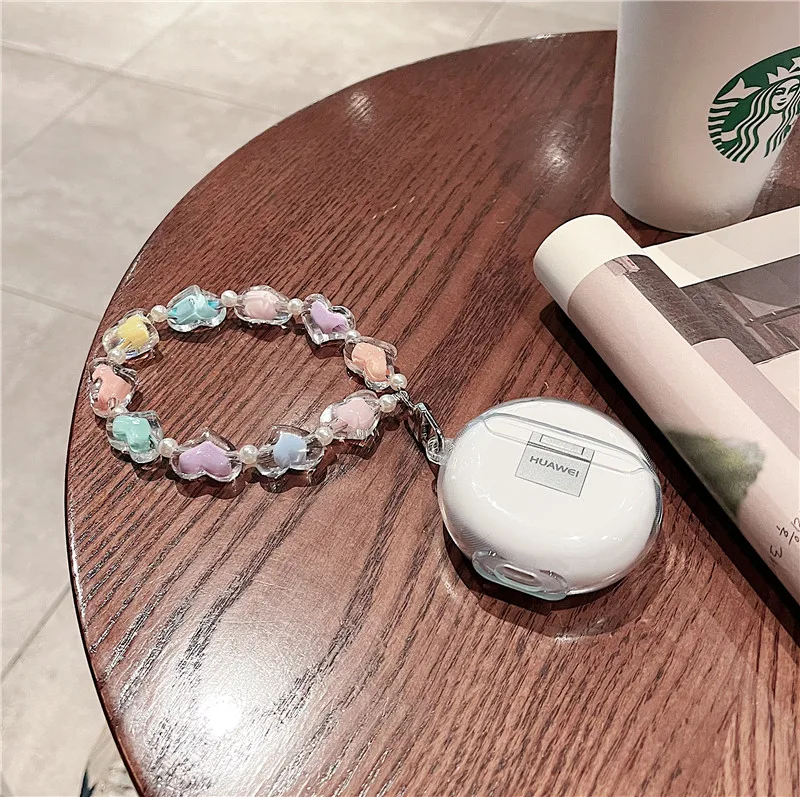 Ins Coréen Étui pour Huawei Freebuds Pro 4 4E 4i Transparent Housse de Casque avec Amour Bracelet pour Huawei Freebuds 3