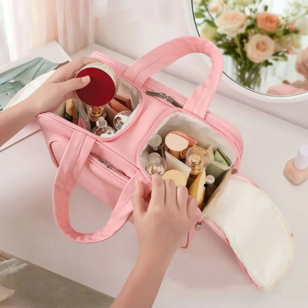 大容量トラベルトイレタリーバッグ-軽量puトラベル収納ケース-ハンドル付き-ダブルジッパー-メイクアップオーガナイザー-出張用