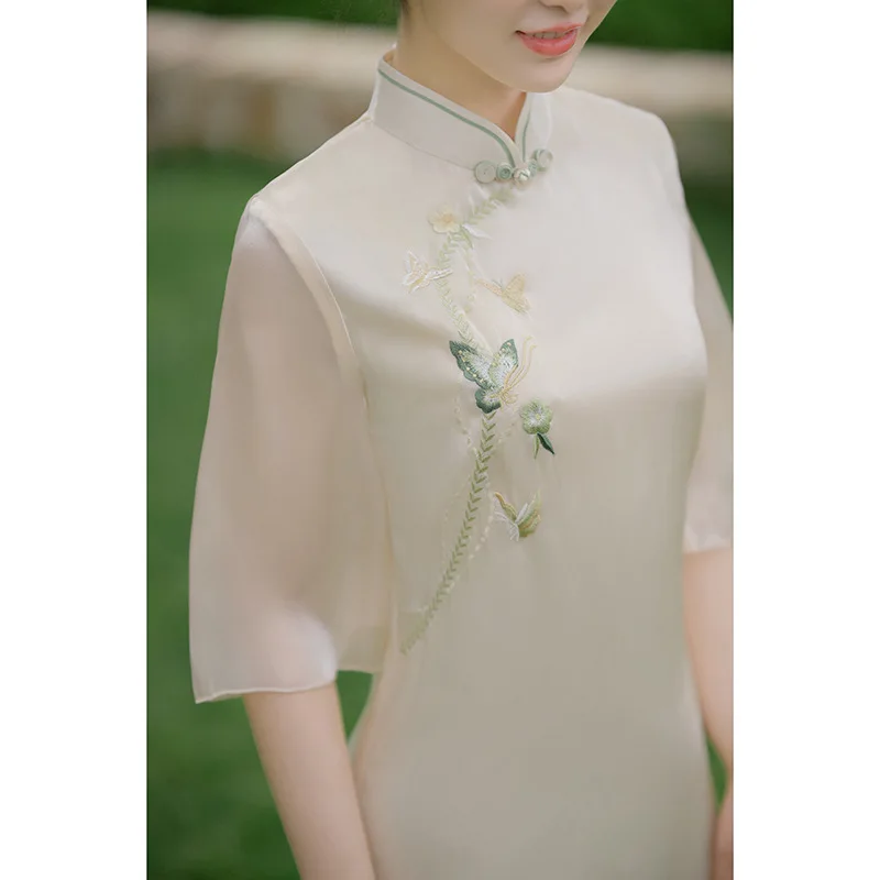 

Chinese Beige Cheongsam Organza Butterfly Embroidery Women Wedding Evening Dress Female Long Dresses