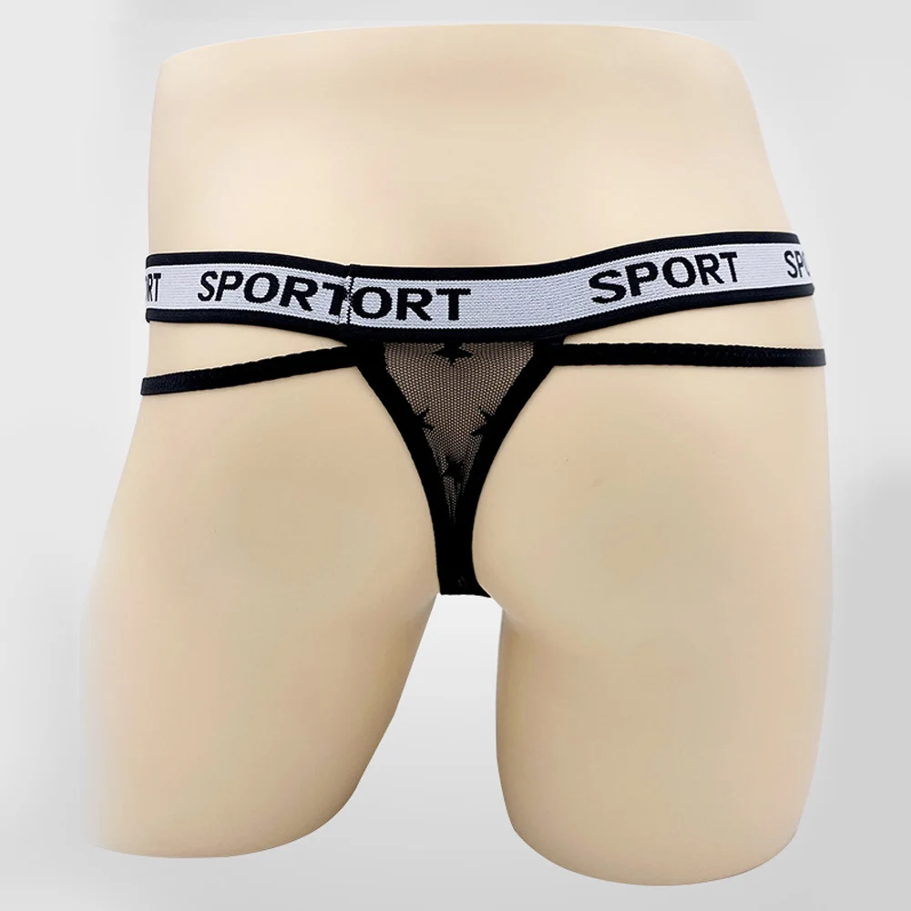 Tangas para hombre, calzoncillos transparentes de cintura baja, cinturón con letras en inglés, patrón de flores de encaje, calzoncillos con bolsa en T de secado rápido