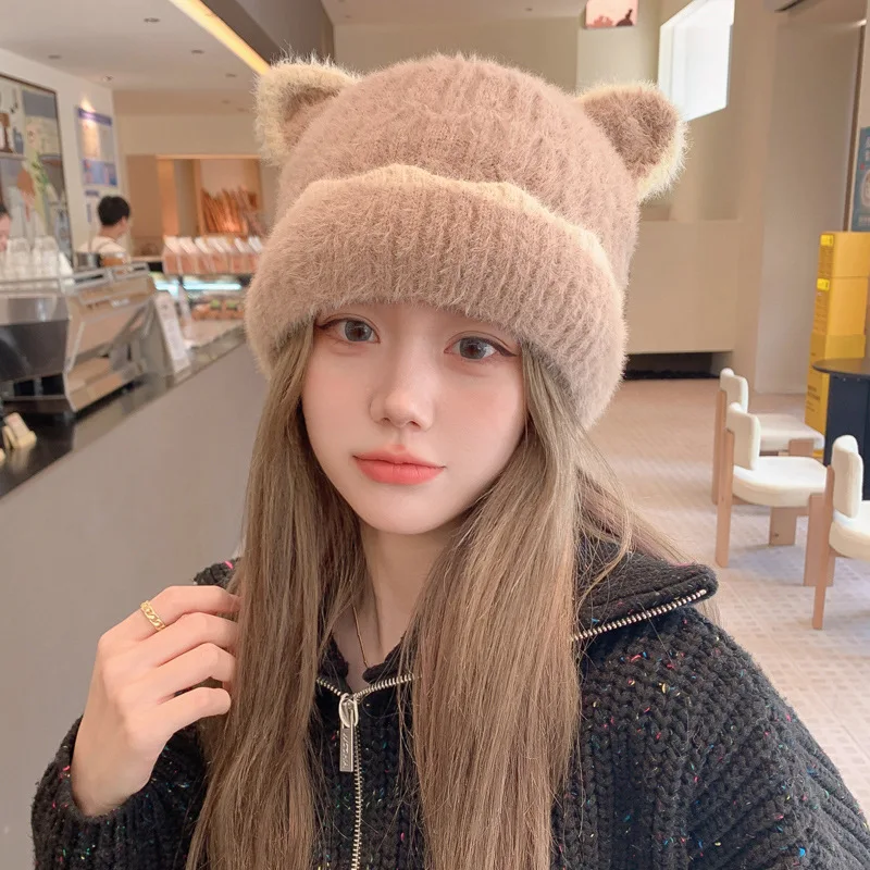 Autumn and winter new cute ears hat fashionable versatile knitted wool cap warm big head circumference cold cap warm knitted cap