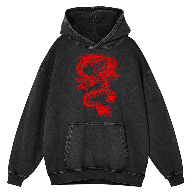 Vintage Distressed Washing Personalized Red Dragon Pattern Men Hoody Fashion Loose Pullover 100% Cotton Hoodie Hip Hop Clothes