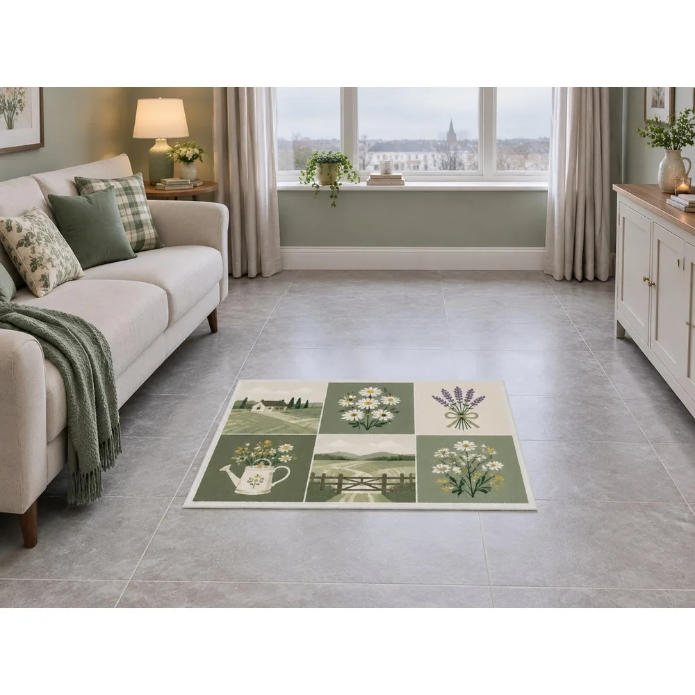 VIKAMA British Sage Cream Wheat Meadow Flannel Door Mat, Soft Washable Hallway Mat, UK Home Decor for Pantry, Cloakroom, Hallway