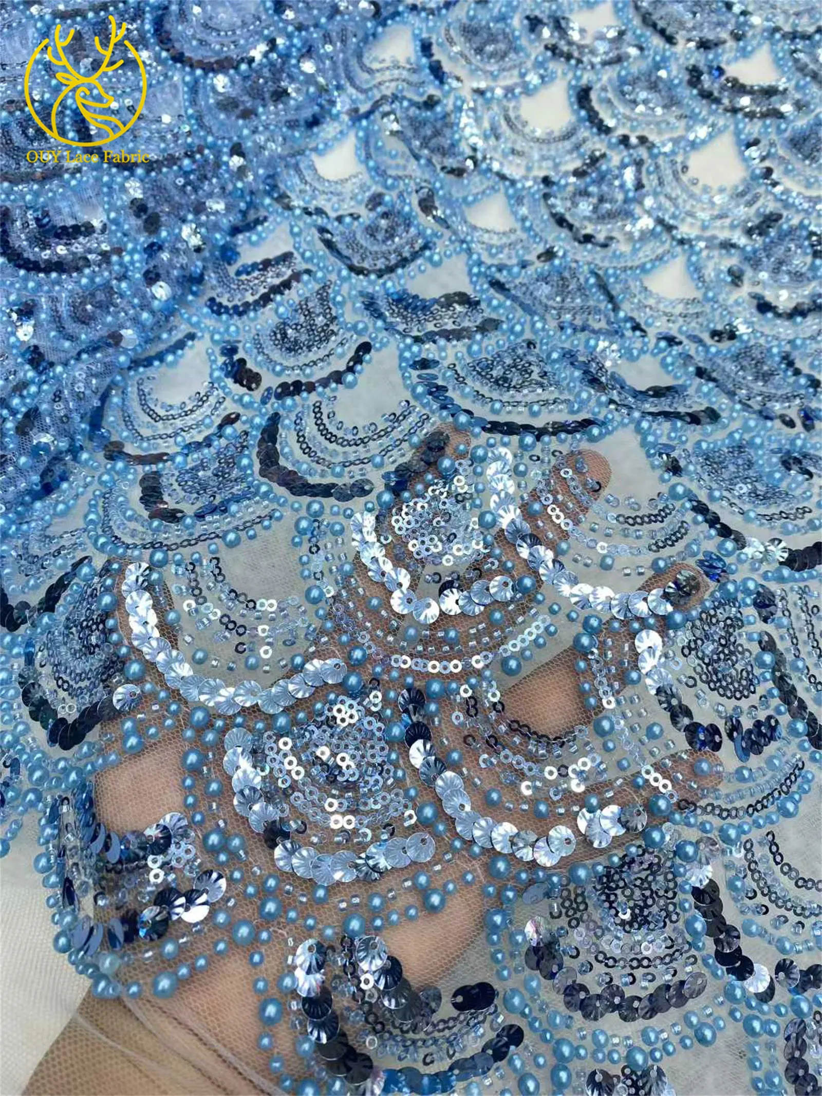 Tiefblauer afrikanischer schwerer Perlen-Spitzenstoff 2026 Hochwertiger nigerianischer Pailletten-Spitzenstoff für Hochzeit, Party, Kleid, 5 Yards – Detail 5